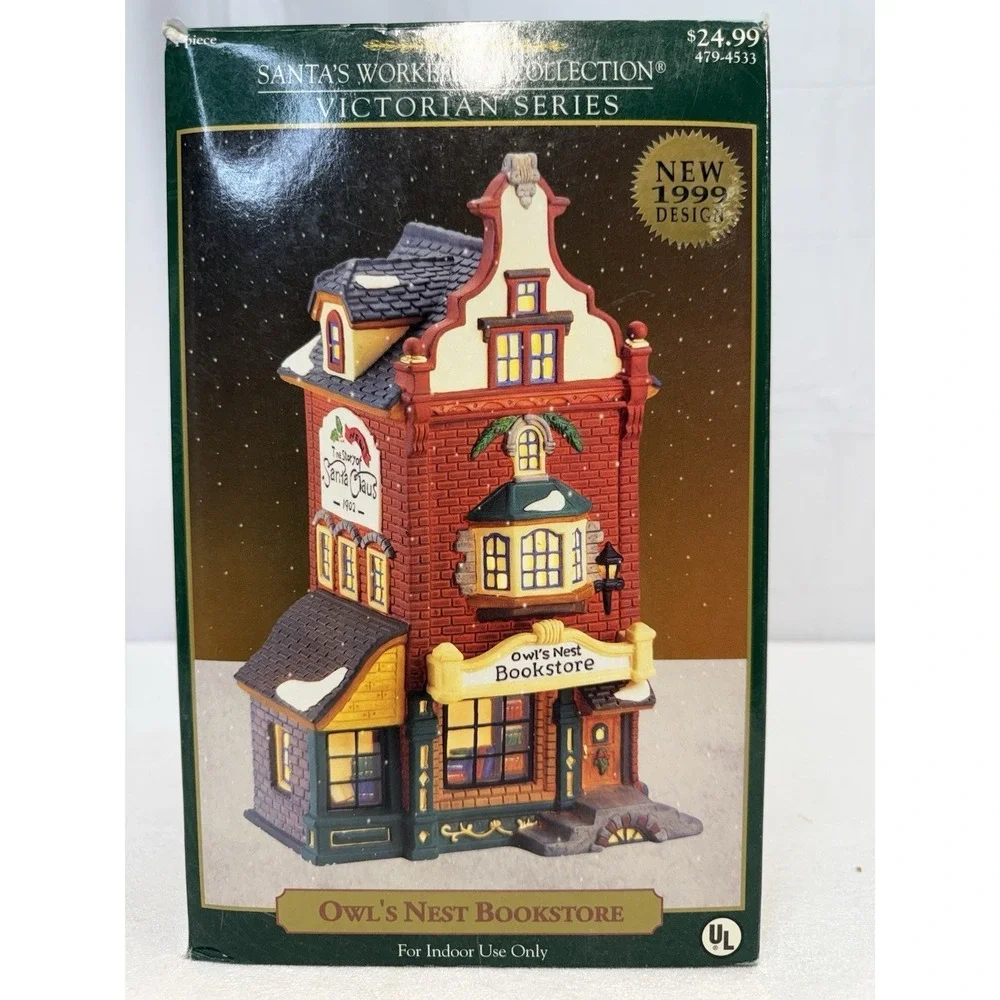 Santas Workbench Victorian Owls Nest Bookstore Christmas Village Lighted 90s VTG